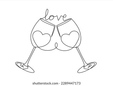 Continuous one line drawing of cheers two glasses with wine and hearts. Romantic toast concept  in linear style isolated on white background. Vector illustration