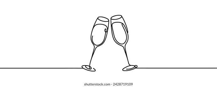 Continuous one line drawing of cheers two wine glasses. Vector illustration