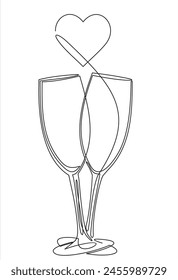 Dibujo continuo de una línea de vítores dos copas con champán y corazón. Concepto de tostada romántica en estilo lineal aislado sobre fondo blanco. Ilustración vectorial