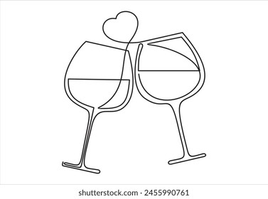 Continuous one line drawing of cheers two wine glasses. Heart shapes splash. Vector illustration.	