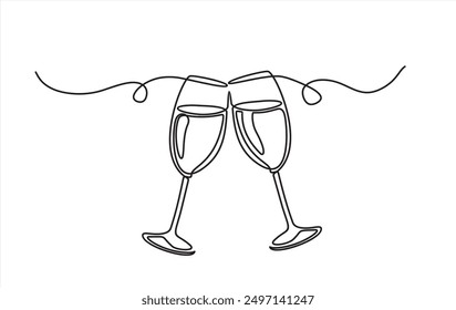 Continuous one line drawing of cheers two glasses with champagne. Romantic toast concept  in linear style isolated on white background. Vector illustration