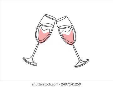 Continuous one line drawing of cheers two glasses with champagne. Romantic toast concept  in linear style isolated on white background. Vector illustration