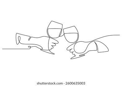 Continuous one line drawing of cheers two glasses with red wine. Single line drawing illustration Hands hold wine clinking glasses. Wine glass concept vector art. Doodle line illustration.
