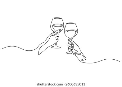 Continuous one line drawing of cheers two glasses with red wine. Single line drawing illustration Hands hold wine clinking glasses. Wine glass concept vector art. Doodle line illustration.

