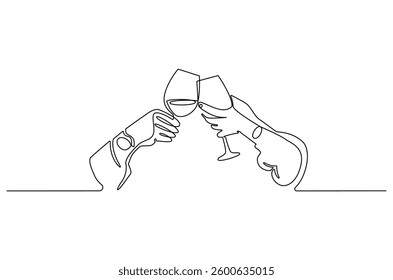Continuous one line drawing of cheers two glasses with red wine. Single line drawing illustration Hands hold wine clinking glasses. Wine glass concept vector art. Doodle line illustration.
