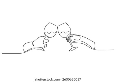 Continuous one line drawing of cheers two glasses with red wine. Single line drawing illustration Hands hold wine clinking glasses. Wine glass concept vector art. Doodle line illustration.
