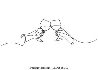 Continuous one line drawing of cheers two glasses with red wine. Single line drawing illustration Hands hold wine clinking glasses. Wine glass concept vector art. Doodle line illustration.

