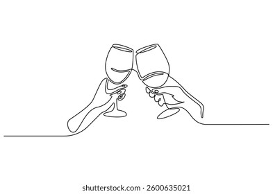 Continuous one line drawing of cheers two glasses with red wine. Single line drawing illustration Hands hold wine clinking glasses. Wine glass concept vector art. Doodle line illustration.
