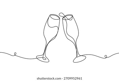Continuous one line drawing of cheers two wine glasses vector illustration