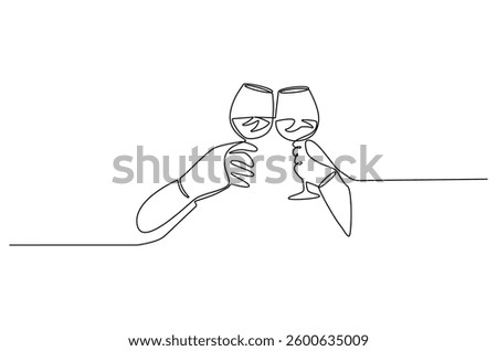 Continuous one line drawing of cheers two glasses with red wine. Single line drawing illustration Hands hold wine clinking glasses. Wine glass concept vector art. Doodle line illustration.
