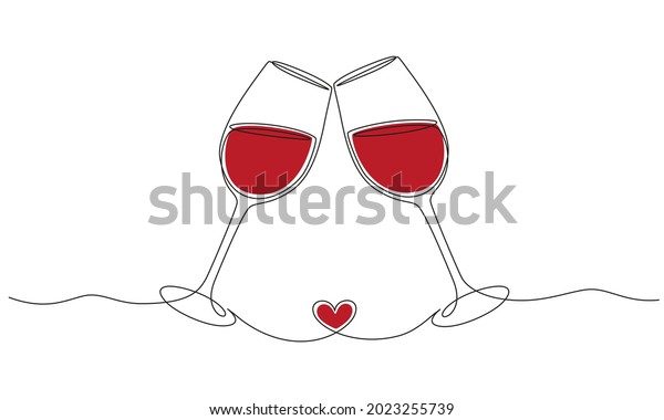 Continuous one line\
drawing of cheers two glasses with red wine. Romantic toast concept\
with heart shape in linear style isolated on white background.\
Vector illustration