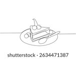Continuous one line drawing cheese cake slices topped with cherries on a small plate. Share the taste of pleasure. Delicious. National Cherry Dessert Day. Single line draw design vector illustration
