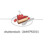 Continuous one line drawing cheese cake slices topped with cherries on a small plate. Share the taste of pleasure. Delicious. National Cherry Dessert Day. Single line draw design vector illustration