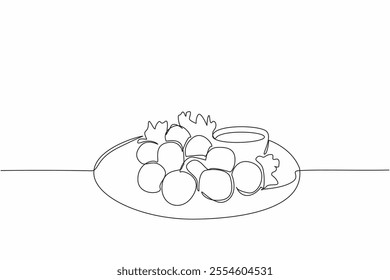 Continuous one line drawing cheese ball on a plate with a small bowl of chili sauce next to it. The best way to enjoy snacks. National Cheese Ball Day. Single line draw design vector illustration