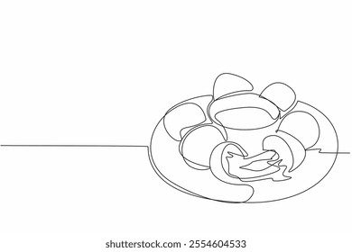 Continuous one line drawing cheese balls on plate with mayonnaise sauce. Crispy snack with melted cheese. Extraordinary pleasure. National Cheese Ball Day. Single line draw design vector illustration