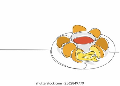 Continuous one line drawing cheese balls on plate with mayonnaise sauce. Crispy snack with melted cheese. Extraordinary pleasure. National Cheese Ball Day. Single line draw design vector illustration