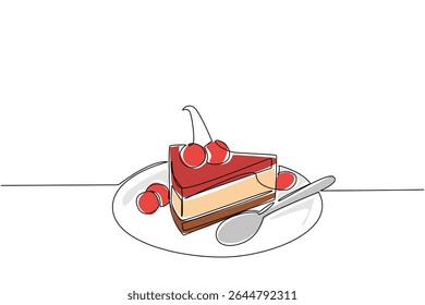 Continuous one line drawing cheese cake slices topped with cherries on a small plate. Share the taste of pleasure. Delicious. National Cherry Dessert Day. Single line draw design vector illustration