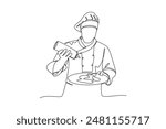Continuous one line drawing of a chef adds sauce as a complement to his dish. Healthy organic food concept single line draw graphic design vector illustration