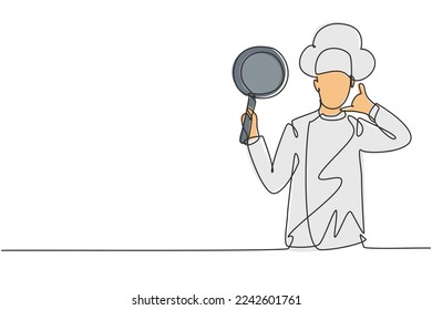 Continuous one line drawing chef with call me gesture, holding pan and wearing cooking uniforms is ready to cook meals for guests at restaurants. Single line draw design vector graphic illustration