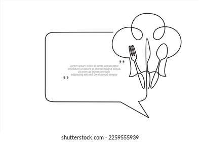 Continuous one line drawing of chef hat or cap with fork, spoon, knife and speech bubble. Trendy line art vector on a white background. Vector illustration.