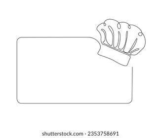 Continuous one line drawing of chef hat with speech bubble. Cook hat border outline vector illustration. Editable stroke. 