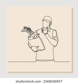 Continuous one line drawing of chef man holding paper bag of fresh vegetable and fruit. One line concept of healthy life style. Single line of shopping fresh vegetable and fruit. vector illustration