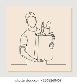 Dibujo continuo de una línea de un chef que sostiene una bolsa de papel con verduras y frutas frescas. Un concepto de línea de estilo de vida saludable. Una sola línea de compras de verduras frescas y fruta. ilustración vectorial