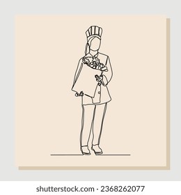 Continuous one line drawing of chef woman holding paper bag of fresh vegetable and fruit. One line concept of healthy life style. Single line of shopping fresh vegetable and fruit. vector illustration
