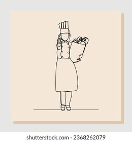 Continuous one line drawing of chef woman holding paper bag of fresh vegetable and fruit. One line concept of healthy life style. Single line of shopping fresh vegetable and fruit. vector illustration