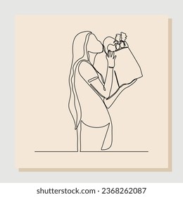 Continuous one line drawing of chef woman holding paper bag of fresh vegetable and fruit. One line concept of healthy life style. Single line of shopping fresh vegetable and fruit. vector illustration