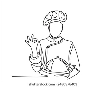 continuous one line drawing of chef give tasting good gesture while serving main dish at restaurant.showing   ok sign Delicious food taste trendy one line hand drawn vector illustration minimalism 