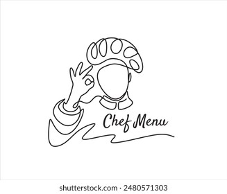 Continuous one line drawing of chef showing ok sign delicious food taste trendy. Chef menu. One line hand drawn vector illustration minimalism