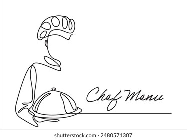 Continuous one line drawing of chef give tasting good gesture while serving main dish at restaurant. Chef menu. Delicious food taste trendy one line hand drawn vector illustration minimalism 