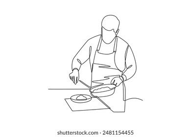 Continuous one line drawing of a chef is preparing his dish. Healthy organic food concept single line draw graphic design vector illustration