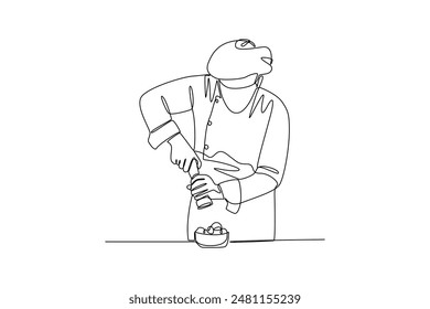 Continuous one line drawing of a chef is adding salt to finish his dish. Healthy organic food concept single line draw graphic design vector illustration