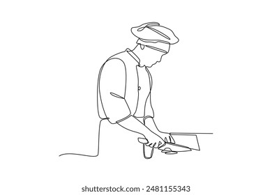 Continuous one line drawing of a chef is chopping onions. Healthy organic food concept single line draw graphic design vector illustration