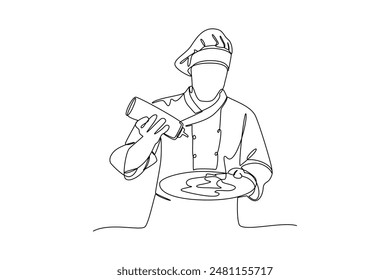 Continuous one line drawing of a chef adds sauce as a complement to his dish. Healthy organic food concept single line draw graphic design vector illustration