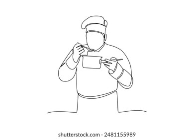 Continuous one line drawing of a chef is trying his cooking. Healthy organic food concept single line draw graphic design vector illustration