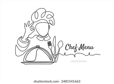 Continuous one line drawing of chef give tasting good gesture while serving main dish at restaurant. Chef menu. Delicious food taste trendy one line hand drawn vector illustration minimalism	