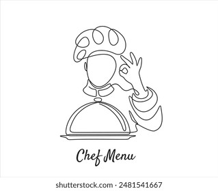 Eine durchgehende Linie des Küchenchefs verleiht dem Gast eine gute Geste, während er das Hauptgericht des Restaurants serviert. Die Speisekarte des Chefs. Köstlicher Essensgeschmack Trendy One Line Handgezeichnete Vektorillustration Minimalismus	