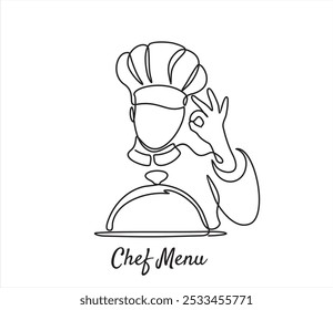 Continuous one line drawing of chef showing ok sign delicious food taste trendy. Chef menu. One line hand drawn vector illustration minimalism