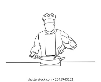 Desenho contínuo de uma linha de cozimento chef com panela. Chef profissional segura pan em uma única linha desenhar ilustração vetorial. Vetor editável. 
