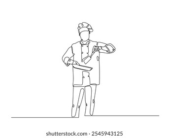 Desenho contínuo de uma linha de cozimento chef com panela. Chef profissional segura pan em uma única linha desenhar ilustração vetorial. Vetor editável. 
