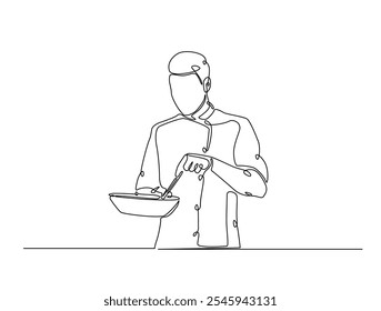 Continuous one line drawing of chef cooking with pan. Professional chef holds pan in single line draw vector illustration. Editable vector. 
