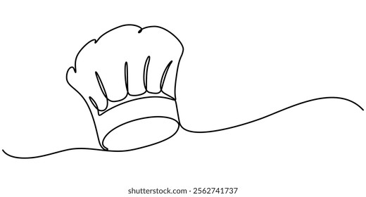 Continuous one line drawing of chef hat or cap. One line drawing illustration of hat chef. Chef uniform concept single line. Editable outline, Chef Hat Continuous Line Icon, Symbol of cooking. 