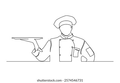 Continuous one line drawing of a chef is cooking in the kitchen, Continuous one line drawing of chef cooking with pan. Professional chef holds pan in single line draw vector illustration.