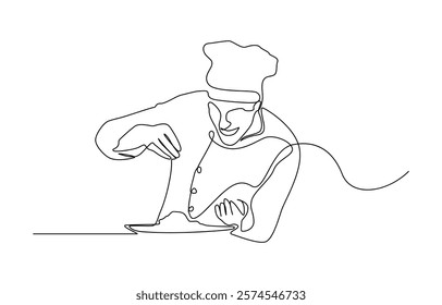 Continuous one line drawing of a chef is cooking in the kitchen, Continuous one line drawing of chef cooking with pan. Professional chef holds pan in single line draw vector illustration.