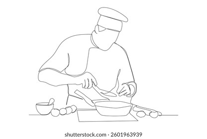 continuous one line drawing of chef cooking gourmet meal.