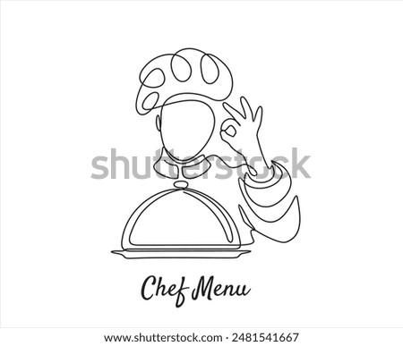Continuous one line drawing of chef give tasting good gesture while serving main dish at restaurant. Chef menu. Delicious food taste trendy one line hand drawn vector illustration minimalism	