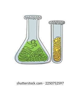 Kontinuierliche Zeichnung chemischer Laborgläser mit einer Linie. Studierende Laborröhre, Becher und Kolben. Ausrüstung für die chemische Prüfung. Schwenken Sie den Curl-Stil. Vektorgrafik-Illustration mit Einzelzeilenzeichnung